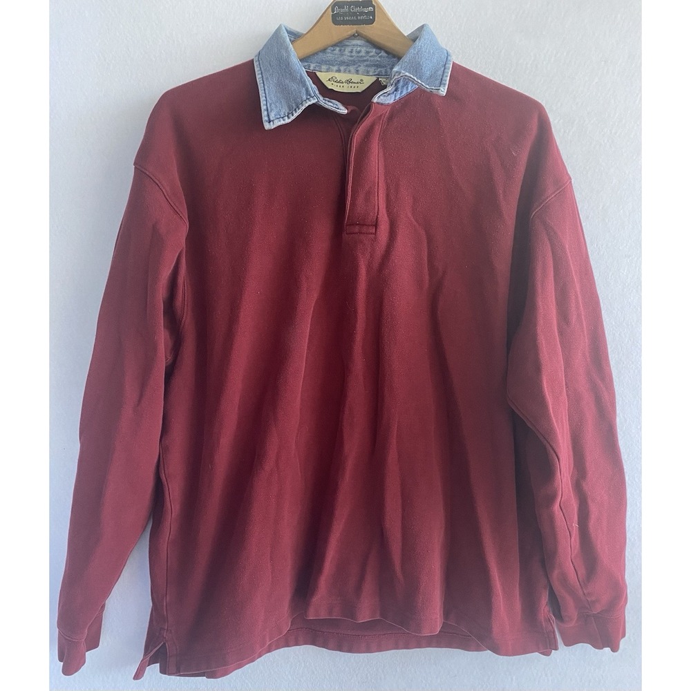 Eddie Bauer Burgundy Denim Collar Long Sleeve Pull Over Sweater Men's XL
